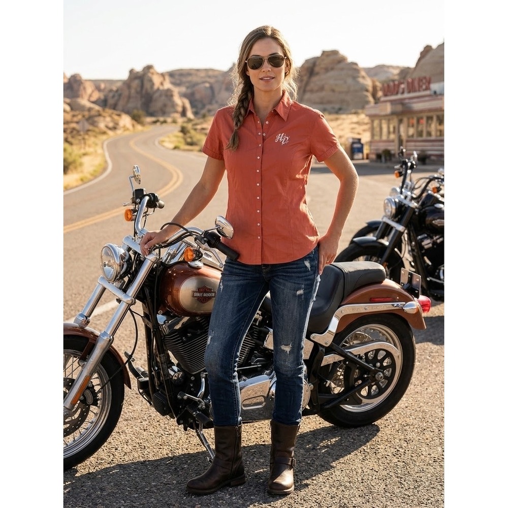 Harley Davidson Womens Orange Rhinestone Snap Front Shirt 96657-07VW Large